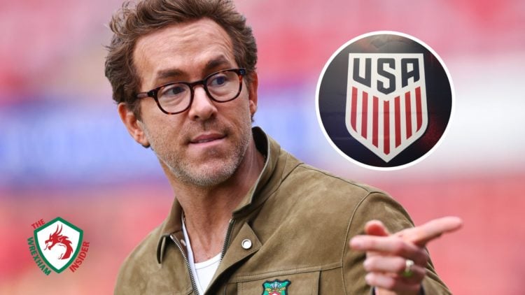 Wrexham co-owner Ryan Reynolds pointing in the distance, inset a picture of the official USMNT soccer badge.
