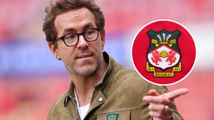 Wrexham owner Ryan Reynolds. Inset, Wrexham badge.