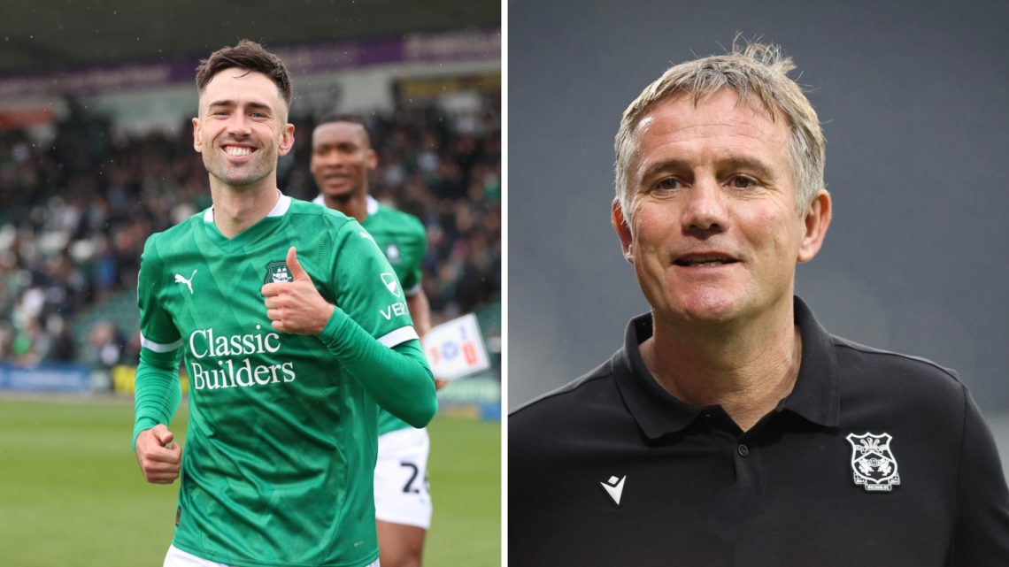 A split image of Plymouth Argyle striker Ryan Hardie (L) and Wrexham boss Phil Parkinson