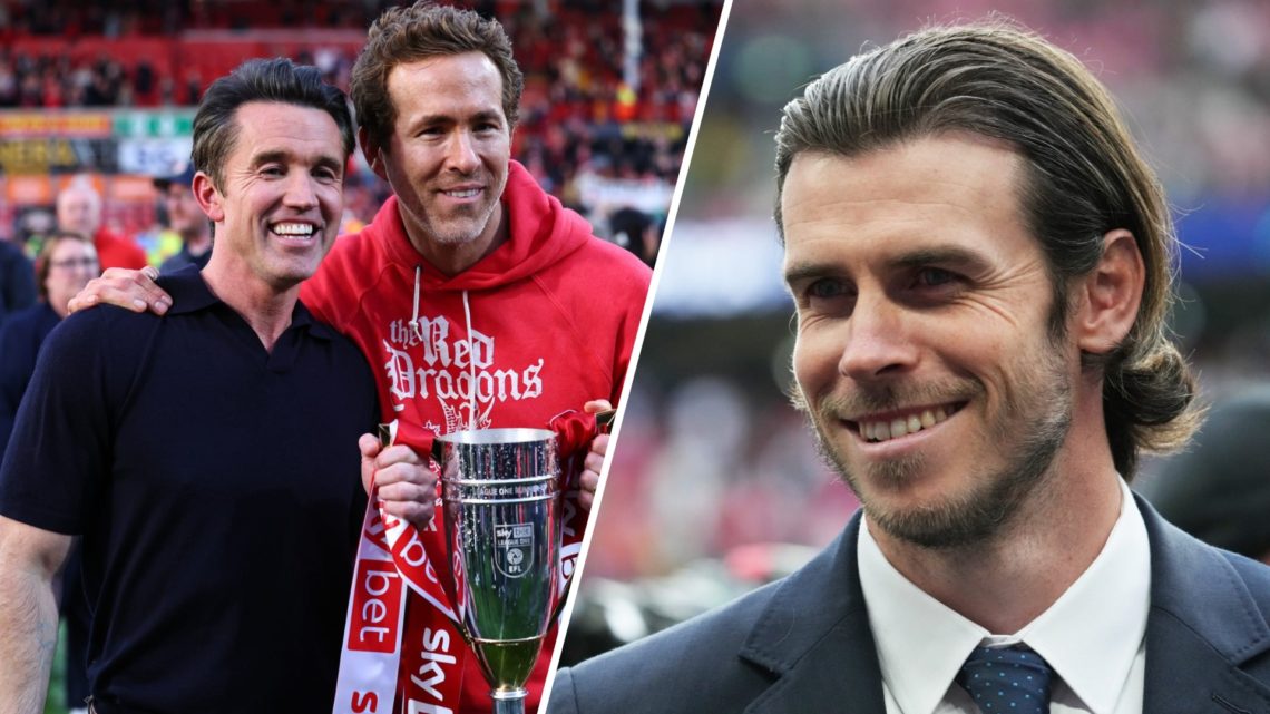 A split image of Wrexham co-owners Rob McElhenney and Ryan Reynolds (L) and Gareth Bale (R)