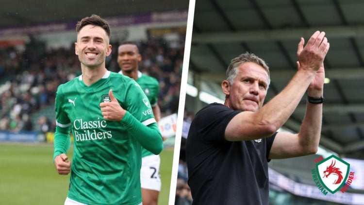Split image of Plymouth Argyle striker Ryan Hardie and Wrexham AFC manager Phil Parkinson applauding the fans.