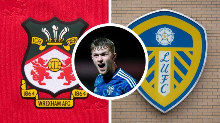 Split image of the official club badges of Wrexham AFC and Leeds United. Inset a picture of Leeds United striker Joe Gelhardt.
