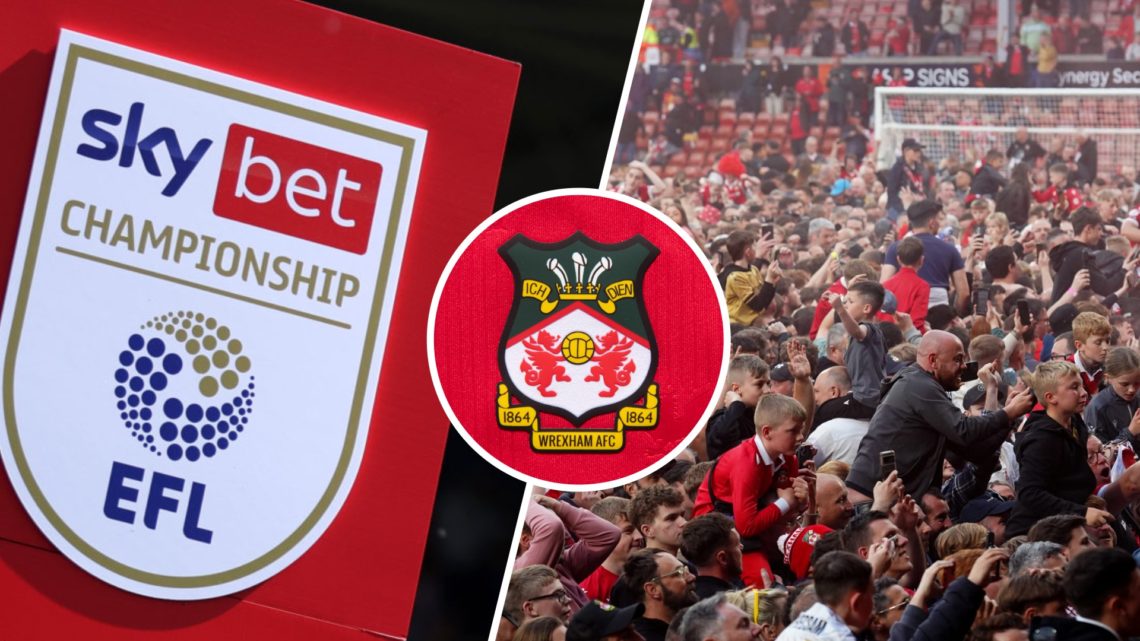 Split image of Sky Bet Championship logo and Wrexham fans at the Racecourse Ground. Inset, Wrexham badge.