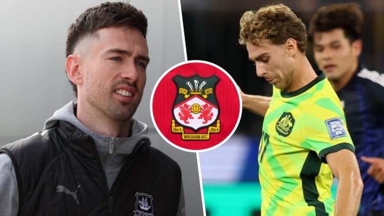 Split image of Ryan Hardie (L) and Ryan Teague (R) with Wrexham badge inset.