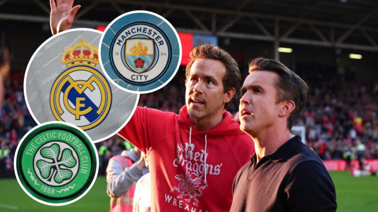 Wrexham co-owner Ryan Reynolds and Rob McElhenney celebrating promotion to the Championship. Inset, pictures of the official club badges of Celtic,...