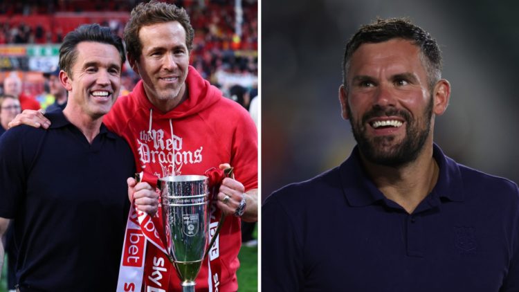 Ben Foster of Wrexham AFC greets fans following a pre-season friendly match against the LA Galaxy II. Rob McElhenney and Ryan Reynolds of Wrexham a...