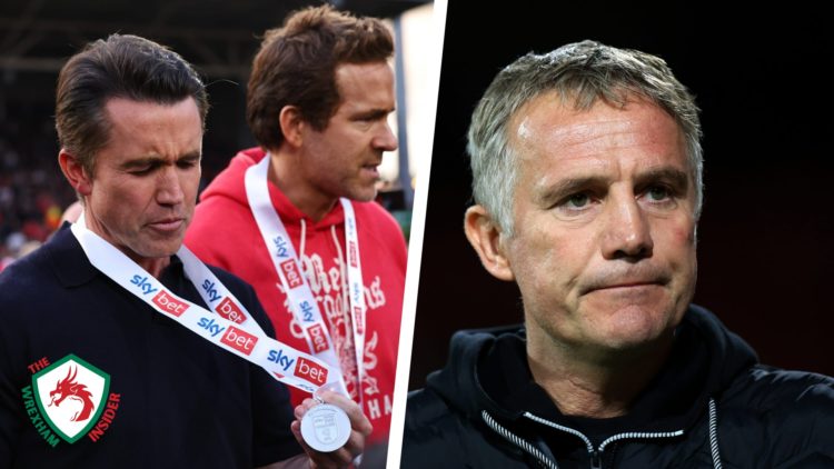 Split image of Wrexham co-owners Rob McElhenney and Ryan Reynolds after promotion to the Championship, and Wrexham manager Phil Parkinson.