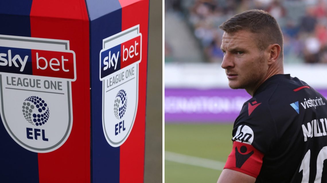 Paul Mullin looks on ahead of a pre-season friendly match against the LA Galaxy II. Detailed view of the SkyBet League One logo during the Sky Bet ...