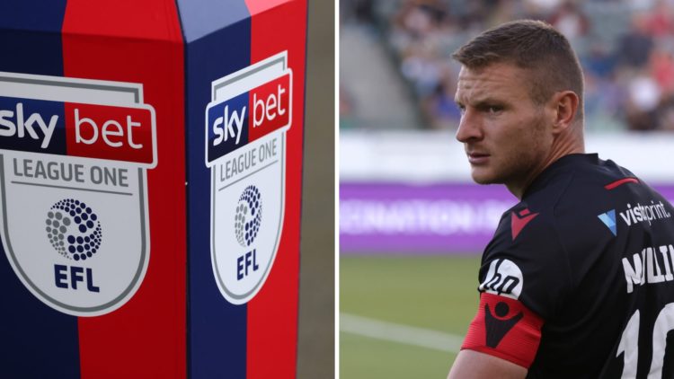 Paul Mullin looks on ahead of a pre-season friendly match against the LA Galaxy II. Detailed view of the SkyBet League One logo during the Sky Bet ...