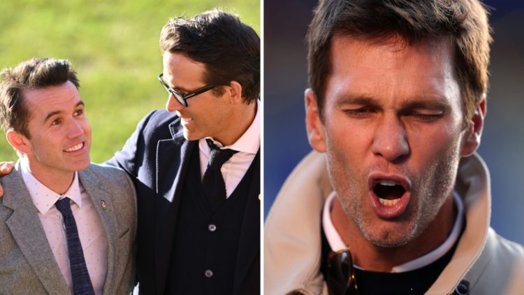 Co-Owners of Wrexham AFC Rob McElhenney and Ryan Reynolds talk as they wait for the arrival of King Charles III and Camilla, Queen Consort during t...