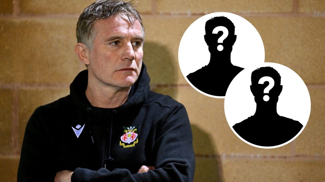 Wrexham boss Phil Parkinson watches on against Forest Green Rovers. Inset, two mystery player icons.