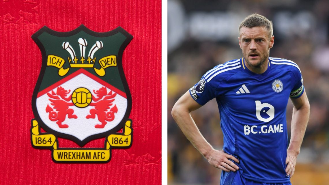 Split image of the official club badge of Wrexham AFC, and striker Jamie Vardy during a Premier League match for Leicester City.