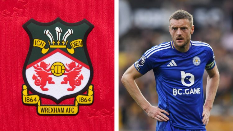 Split image of the official club badge of Wrexham AFC, and striker Jamie Vardy during a Premier League match for Leicester City.