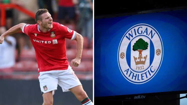 Paul Mullin of Wrexham celebrates victory during the Sky Bet League Two match between Wrexham and Doncaster Rovers. The electronic scoreboard at Wi...