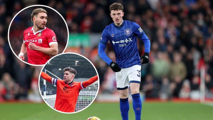 Image of Nathan Broadhead of Ipswich Town during the Premier League match between Liverpool FC and Ipswich Town, insets of Sam Smith of Wrexham dur...