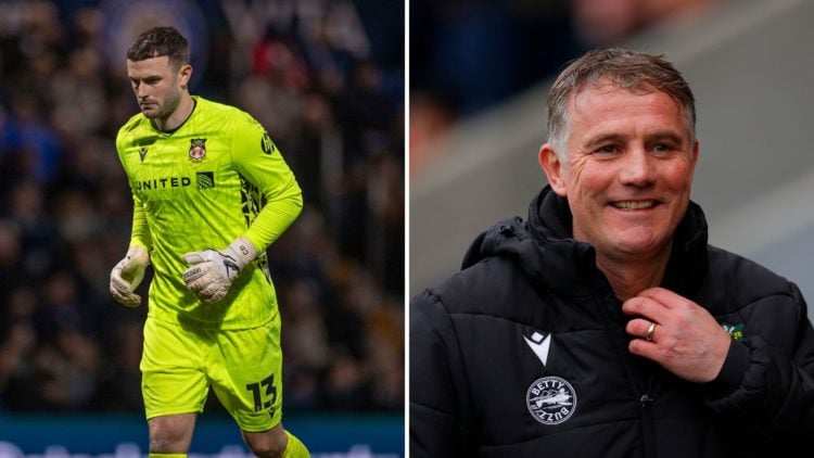 Split Image of Callum Burton #13 (GK) of Wrexham A.F.C. participates in the Sky Bet League 1 match between Stockport County and Wrexham, Wrexham ma...