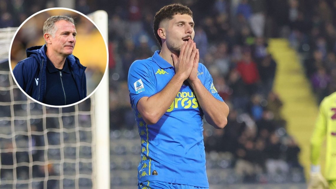 Image of Liberato Cacace of Empoli FC shows his dejection during the Serie A match between Empoli and Torino, inset of Phil Parkinson looks on befo...