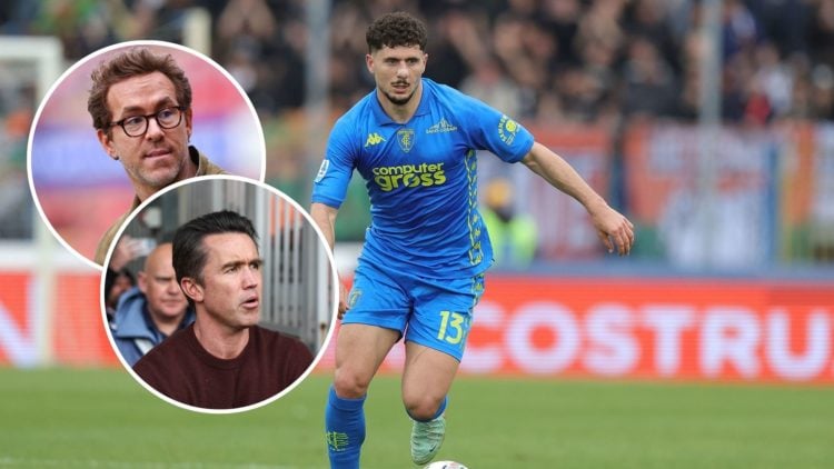 Image of Liberato Cacace of Empoli FC in action during the Serie A match between Empoli and Venezia, Insets of Ryan Reynolds co-owner of Wrexham ah...