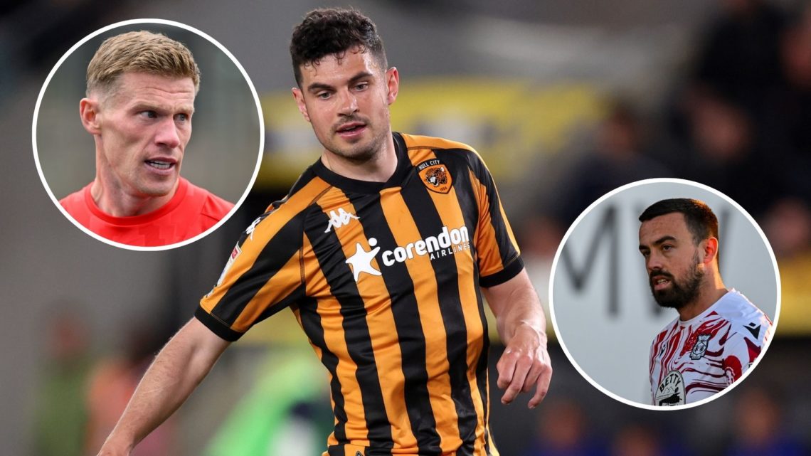 Image of John Egan of Hull City looks on during the Sky Bet Championship match between Hull City AFC and Coventry, insets of James McClean of Wrexh...