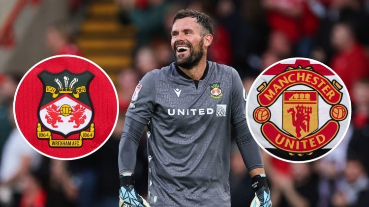 Image of Ben Foster of Wrexham during the Sky Bet League Two match between Wrexham and Walsall, insets of The official club badge of Wrexham AFC, A...