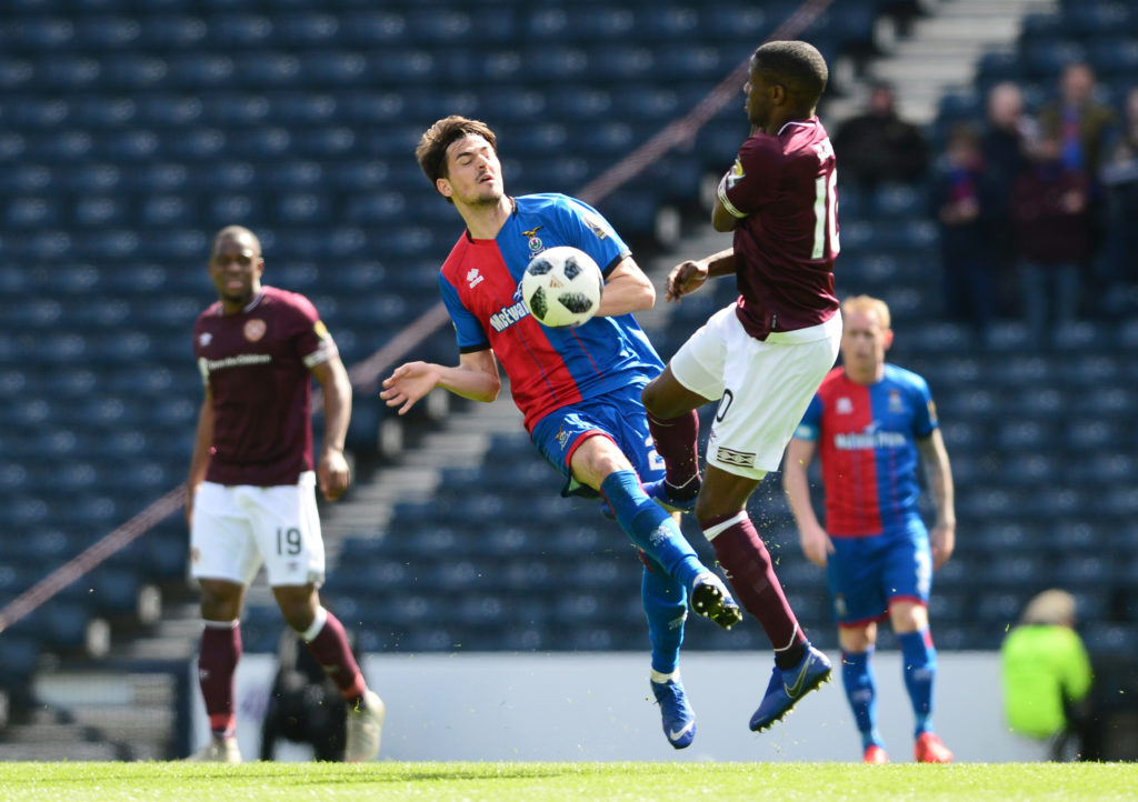 Charlie Trafford challenges for the ball during Heart of Midlothian v Inverness Caledonian Thistle in the Scottish Cup Semi Final clash.