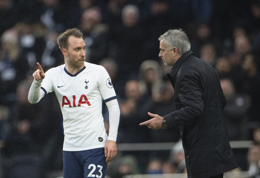Tottenham Hotspur Manager Jose Mourinho talks to Christian Eriksen