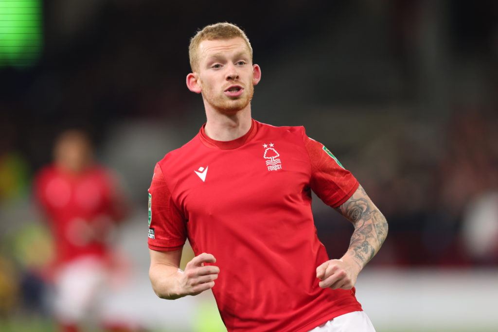 Nottingham Forest midfielder Lewis O'Brien in action against Tottenham Hotspur.