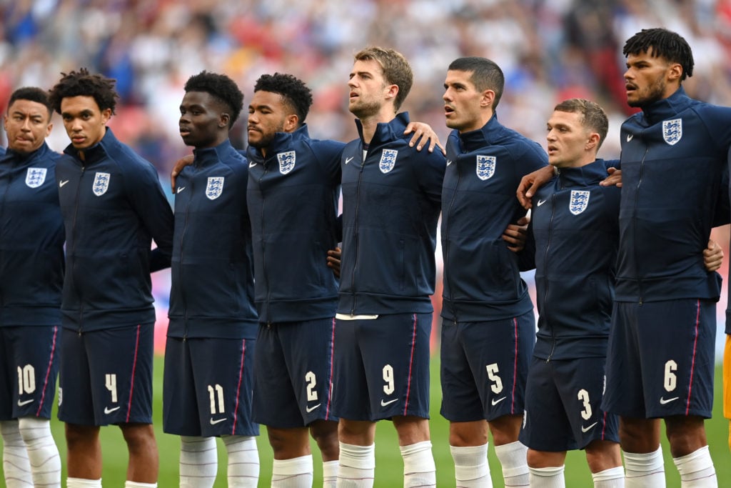 Trent Alexander-Arnold, Bukayo Saka, Reece James, Patrick Bamford, Conor Coady, Kieran Trippier and Tyrone Mings of England line up