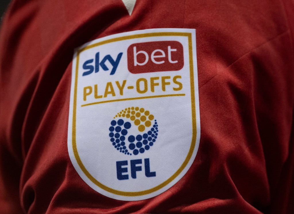 The official Sky Bet EFL Play Off badge on the sleeve of a Nottingham Forest player during the Sky Bet Championship Play-Off Semi Final 1st Leg match between Nottingham Forest and Sheffield United