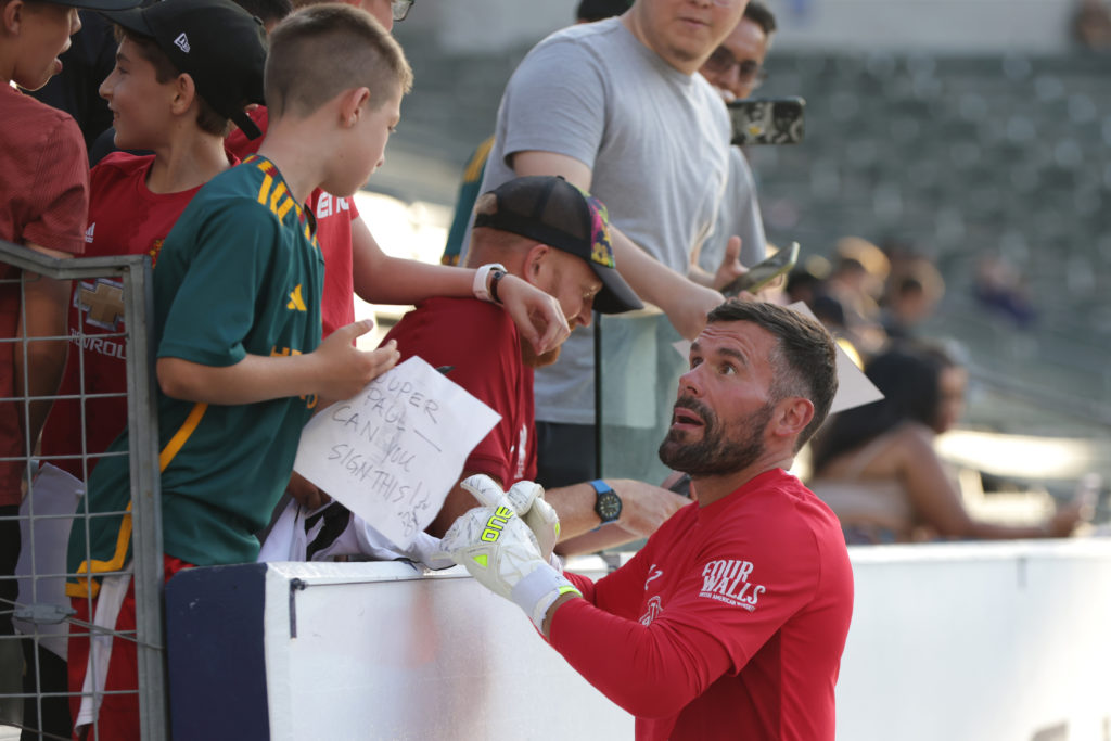 Ben Foster #12 of Wrexham AFC interacts with fans