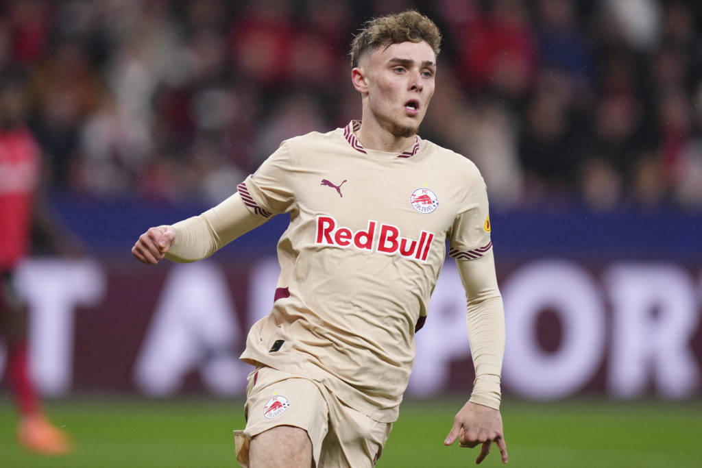 Bobby Clark playing for Red Bull Salzburg against Bayer Leverkusen in the Champions League.