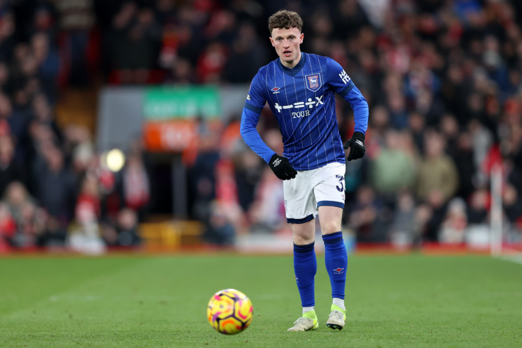Nathan Broadhead in action during Liverpool FC v Ipswich Town FC in the Premier League clash.