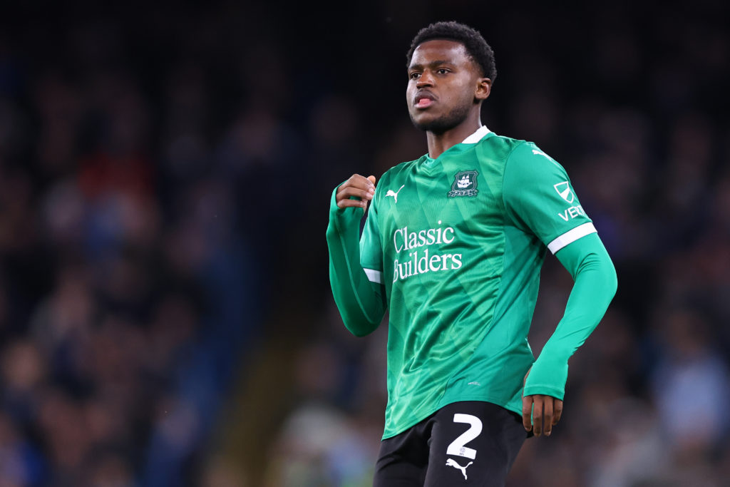 Plymouth Argyle's Bali Mumba playing against Manchester City.
