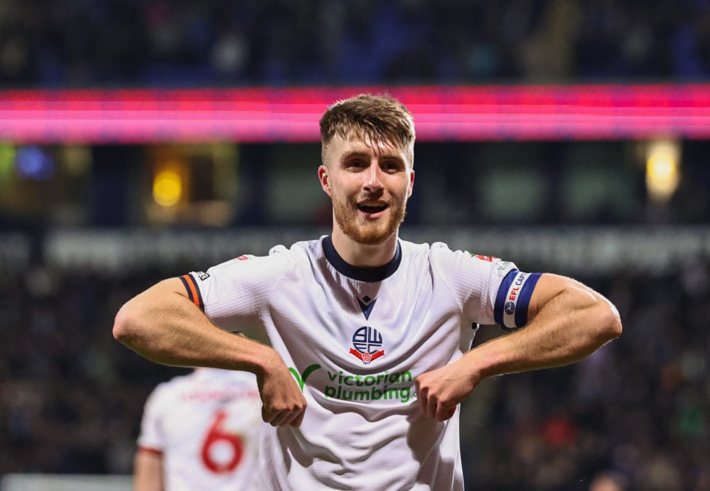 Bolton Wanderers midfielder George Thomason celebrates scoring against Birmingham City.