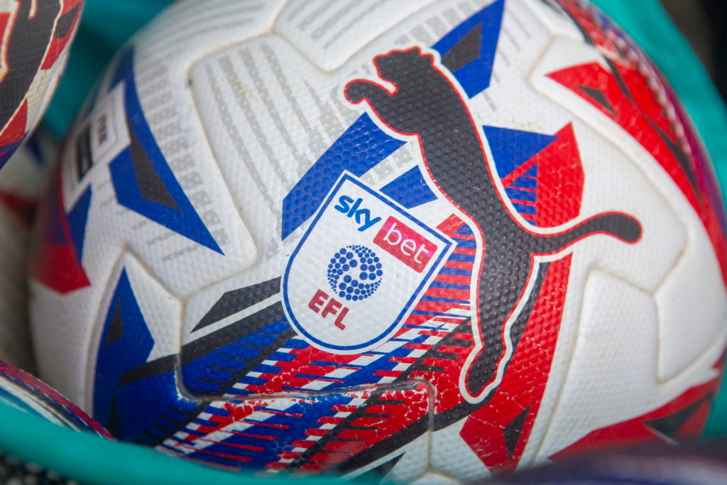 A detailed view of the SkyBet and EFL league logo on a white Puma match ball before the Sky Bet Championship match between Norwich City and Sheffield Wednesday.