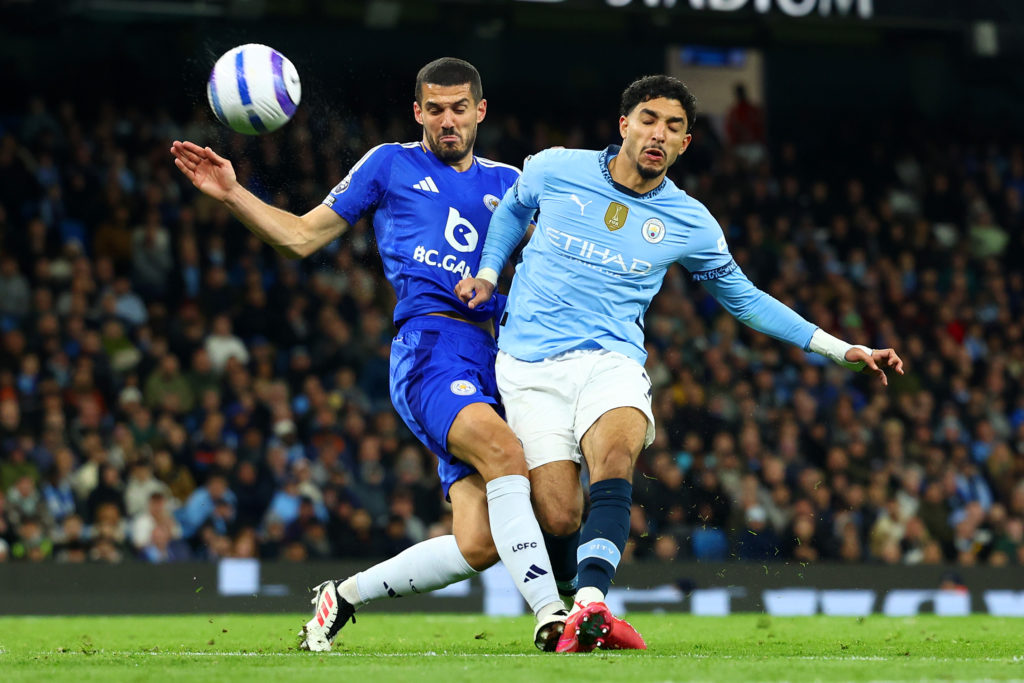 Conor Coady in action during Manchester City FC v Leicester City FC in the Premier League clash.