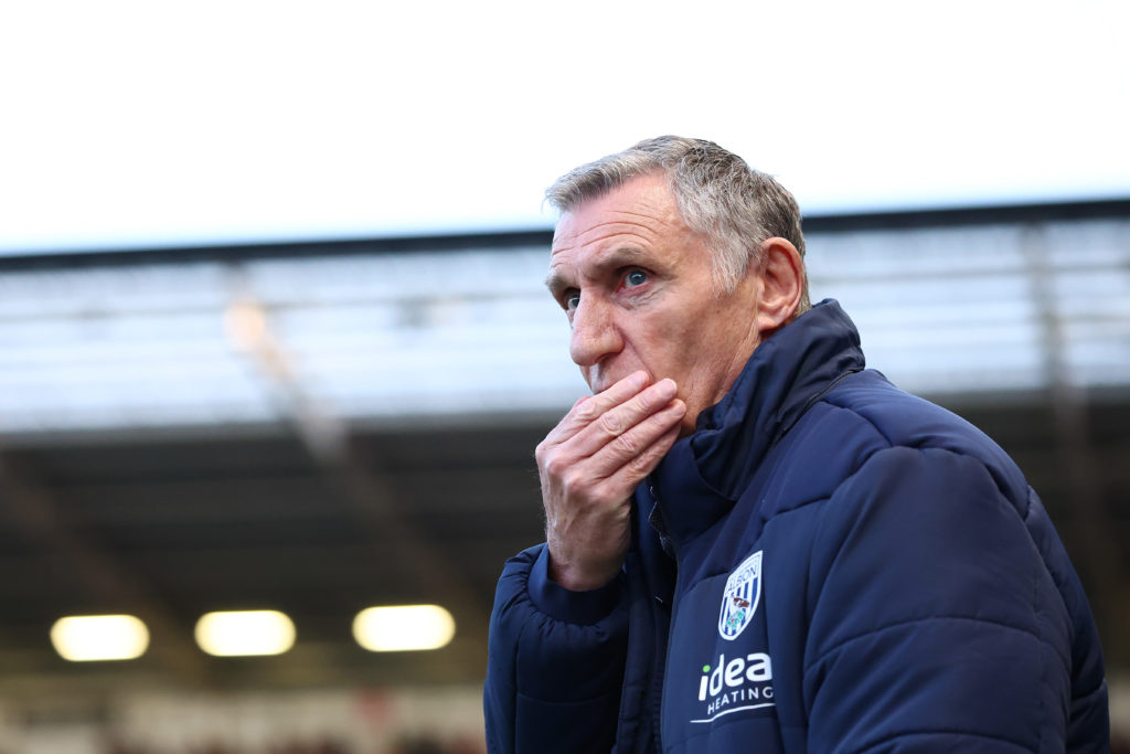 Tony Mowbray, manager of West Bromwich Albion looks on