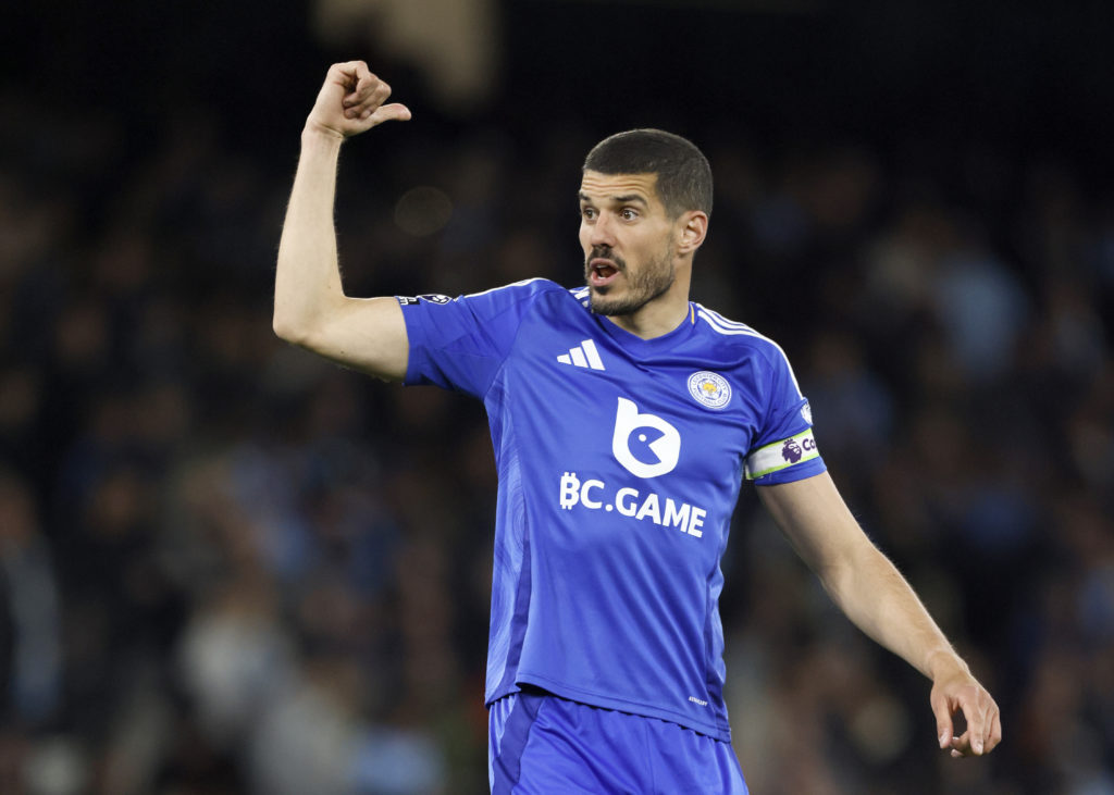 Conor Coady gestures during Manchester City FC v Leicester City FC in the Premier League clash.