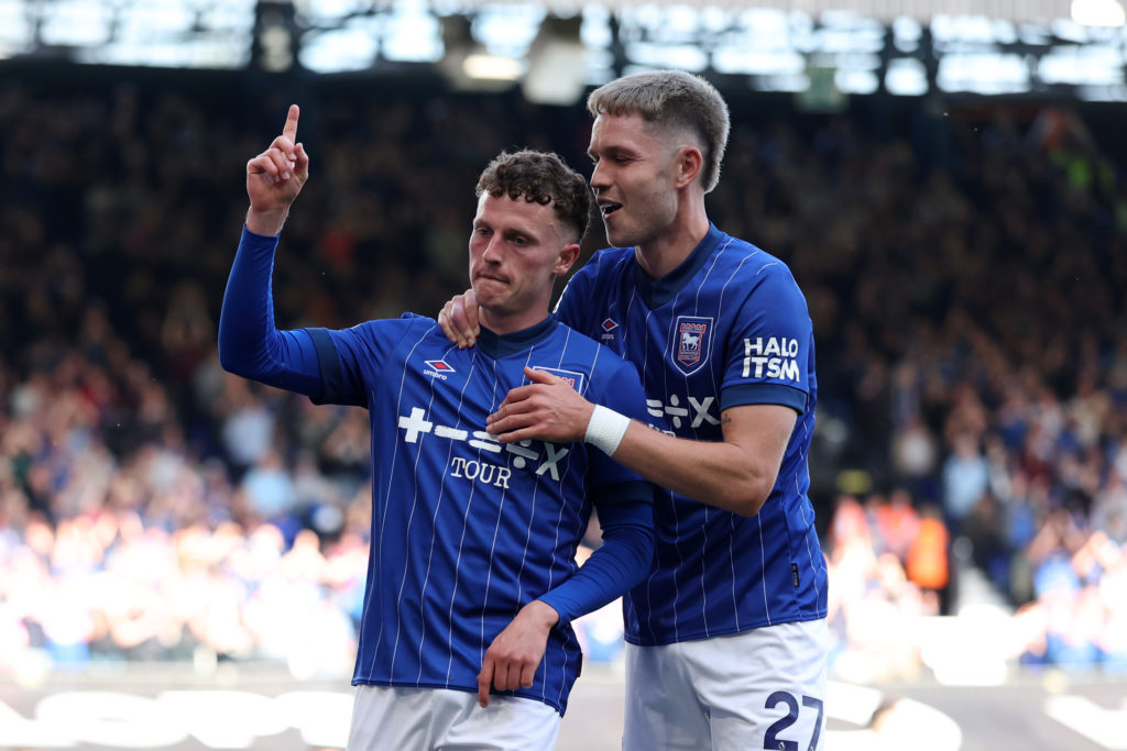 Ipswich Town forward Nathan Broadhead celebrates against West Ham United.