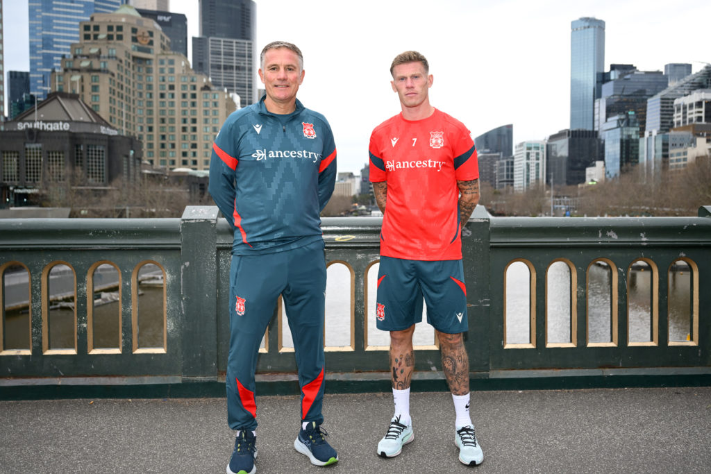 James McClean and Phil Parkinson pose for a photo during Wrexham's pre-season tour to Australia.