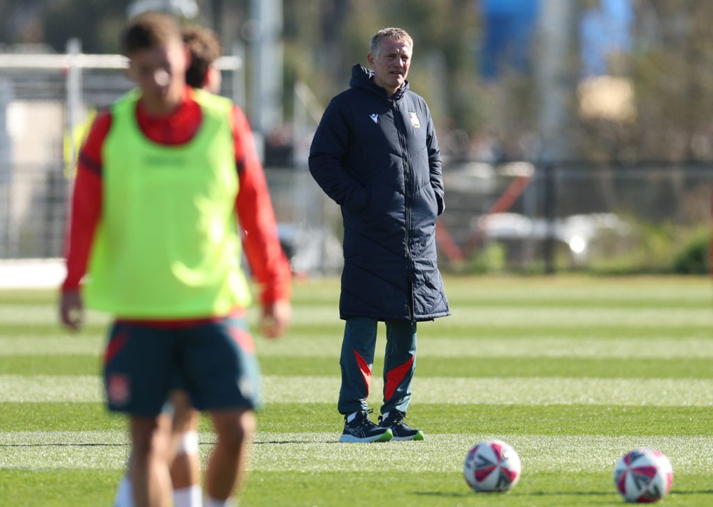 Phil Parkinson looks on during a Wrexham AFC Media Opportunity And Training Session.