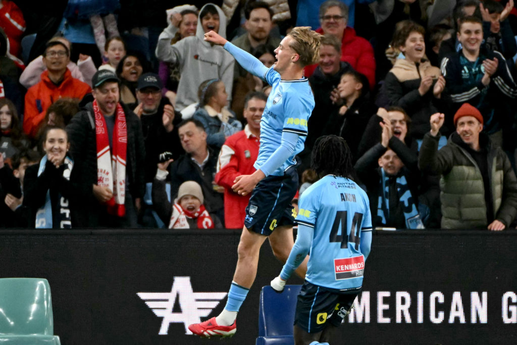Joe Lacey celebrates scoring during Sydney FC v Wrexham in the pre-season friendly clash.