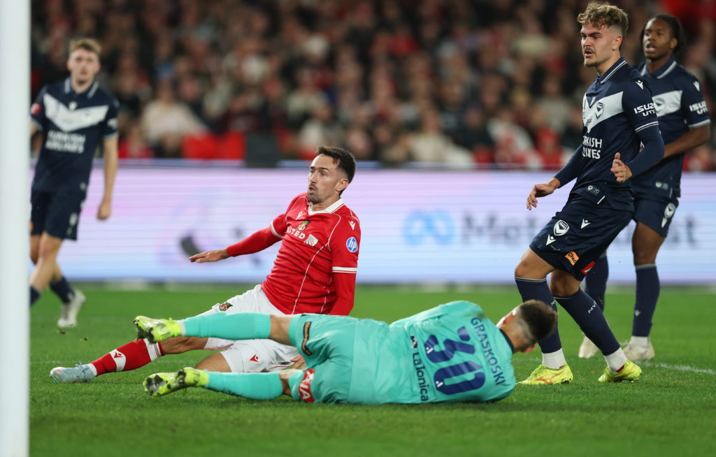 Ryan Hardie scores during Melbourne Victory v Wrexham AFC in the pre-season friendly clash.