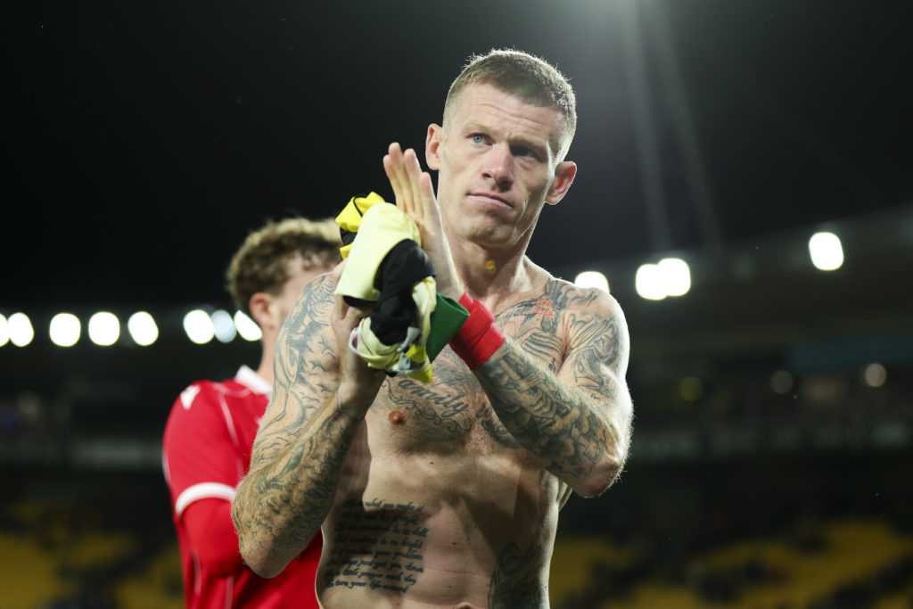 James McClean of Wrexham AFC applauds the crowd