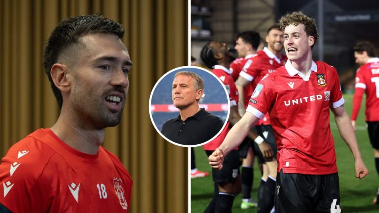 Split Image of Ryan Hardie of Wrexham speaks at the press conference after a Wrexham AFC training session, Harry Ashfield of Wrexham celebrates sco...