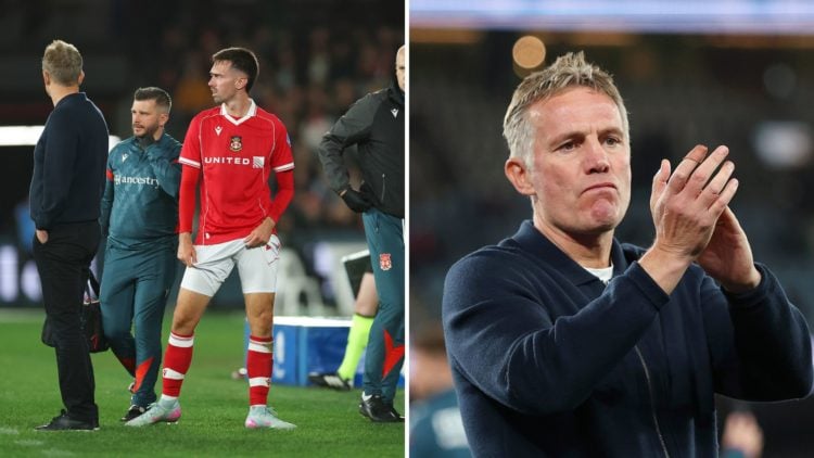 Split Image of Ryan Hardie of Wrexham AFC reacts after being substituted off during the match between Melbourne Victory and Wrexham, Phil Parkinson...