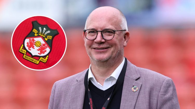 Image of Shaun Harvey, director of Wrexham AFC during the Sky Bet League One match between Wrexham AFC and Charlton Athletic, inset of The official...