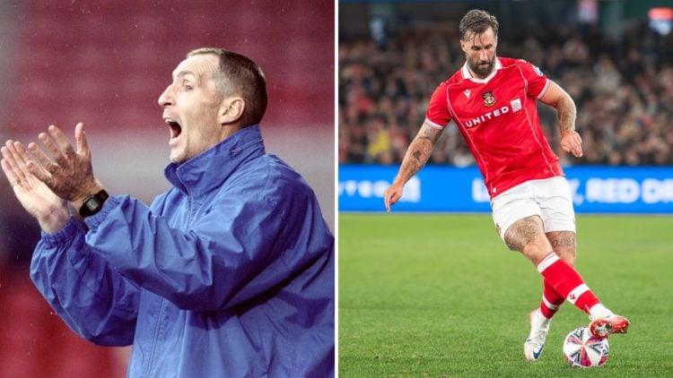 Split Image of Wrexham coach Joey Jones during the FA Cup third round match against Middlesbrough, Ollie Palmer of Wrexham AFC seen in action durin...