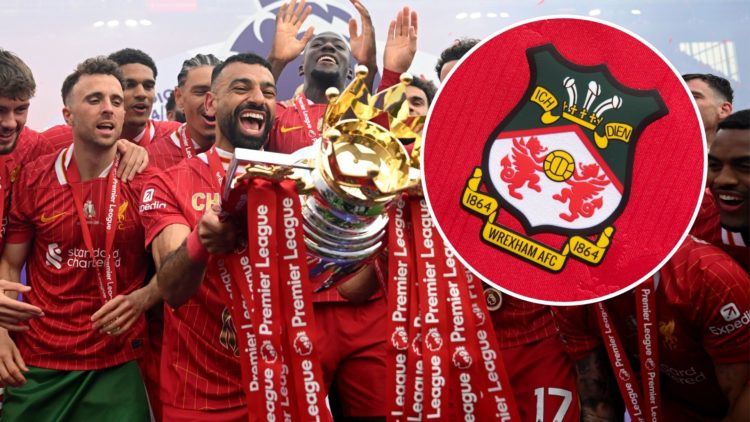 Liverpool players celebrate winning the Premier League title. Inset, the official Wrexham badge on a red home shirt.