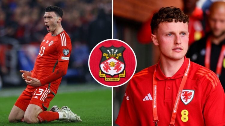 Split Image of Kieffer Moore of Wales celebrates after scoring the team's first goal during the UEFA EURO 2024 qualifying round group D match betwe...